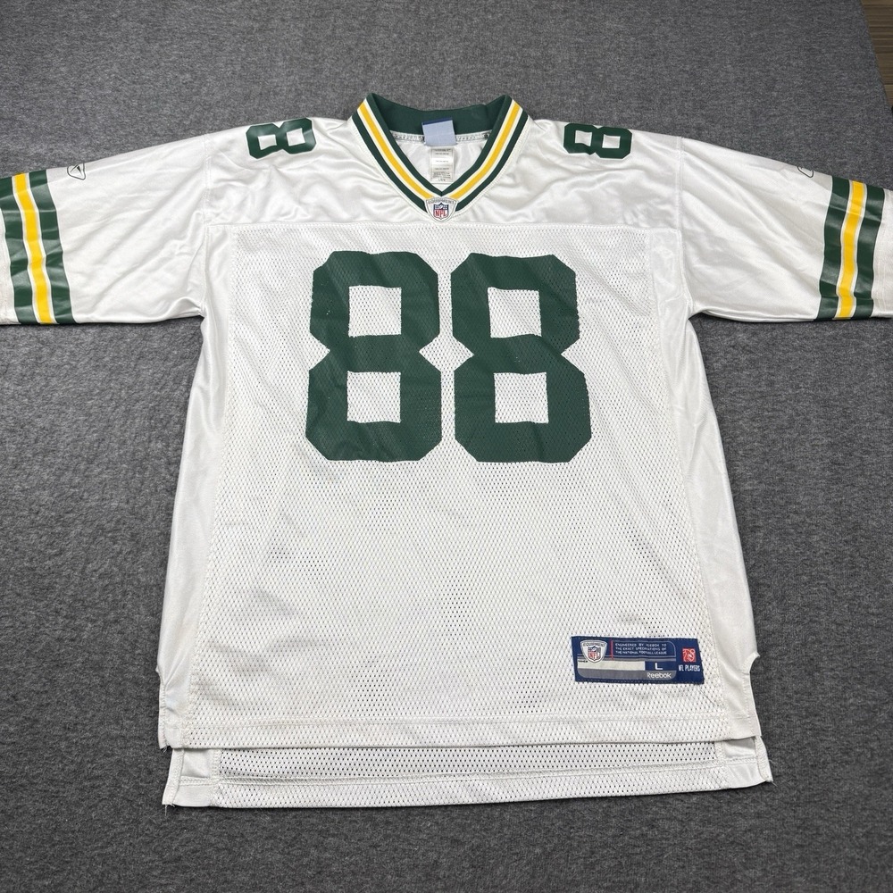 Green Bay Packers Football Jersey Large White NFL Reebok 88 *CUSTOM FOIT READ*